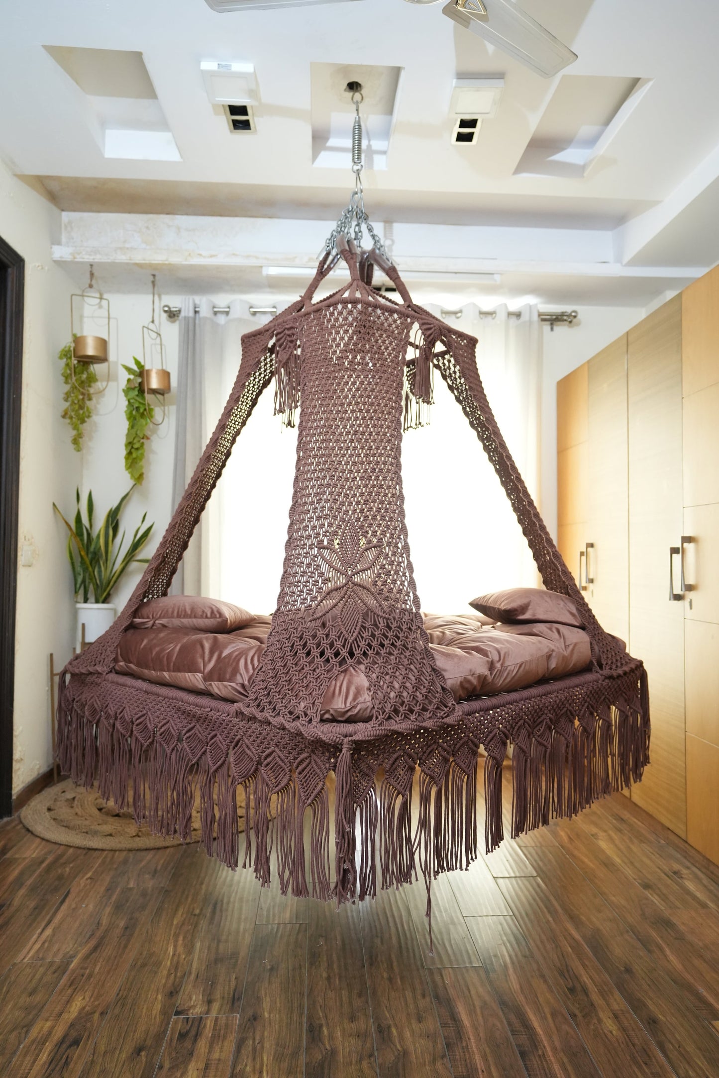 Wood Brown Macrame Bed Swing - Swing Saga