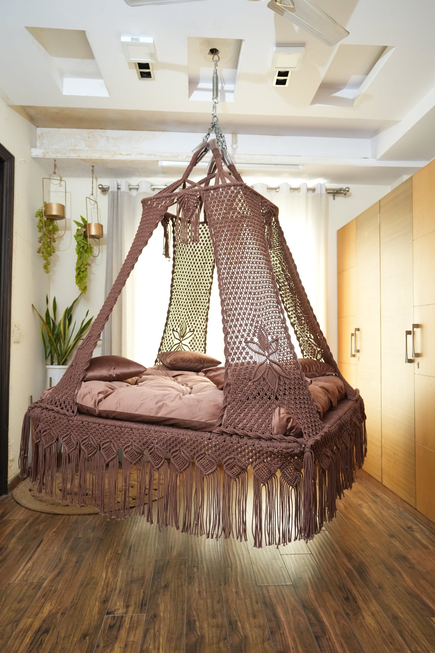 Wood Brown Macrame Bed Swing - Swing Saga