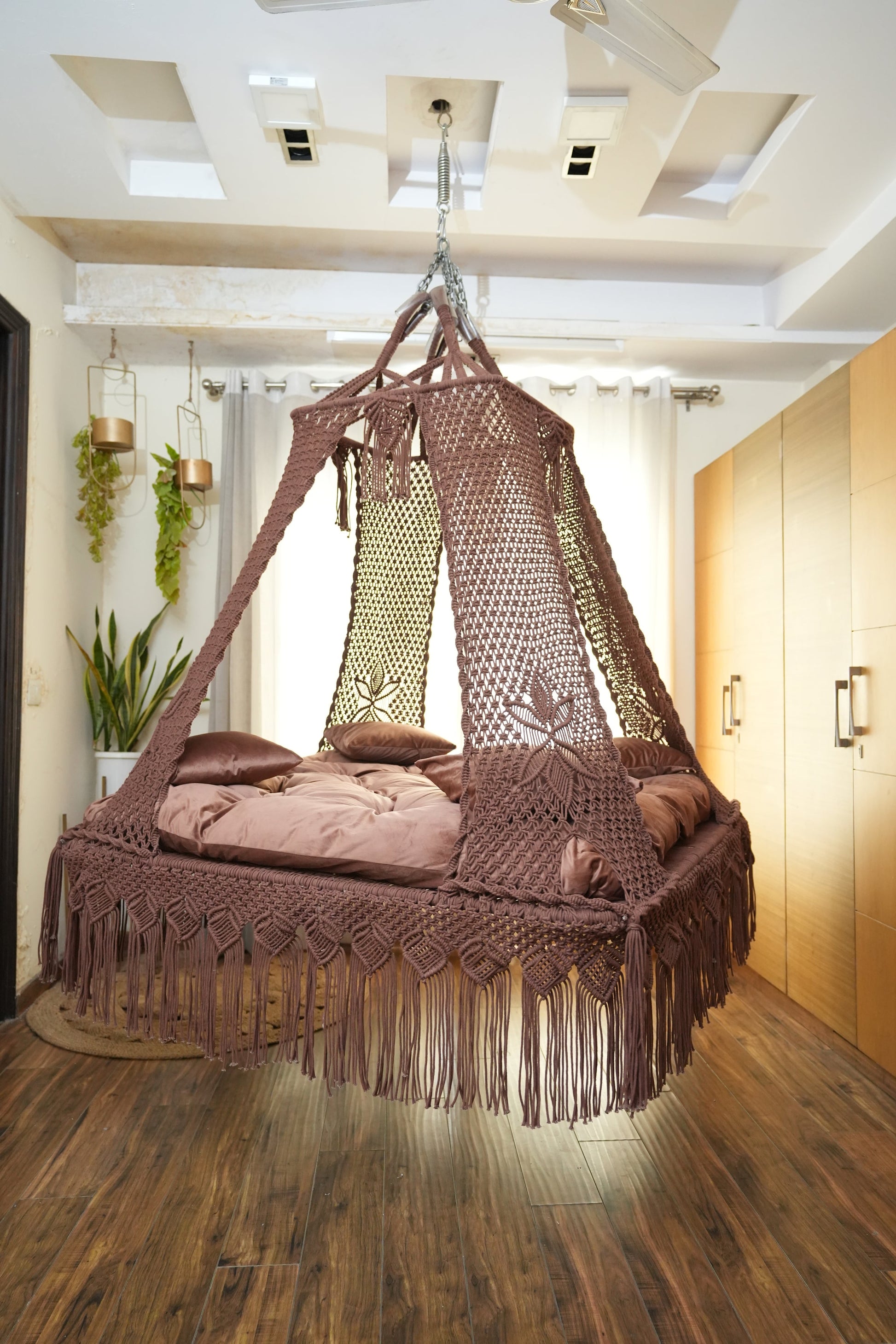 Wood Brown Macrame Bed Swing - Swing Saga