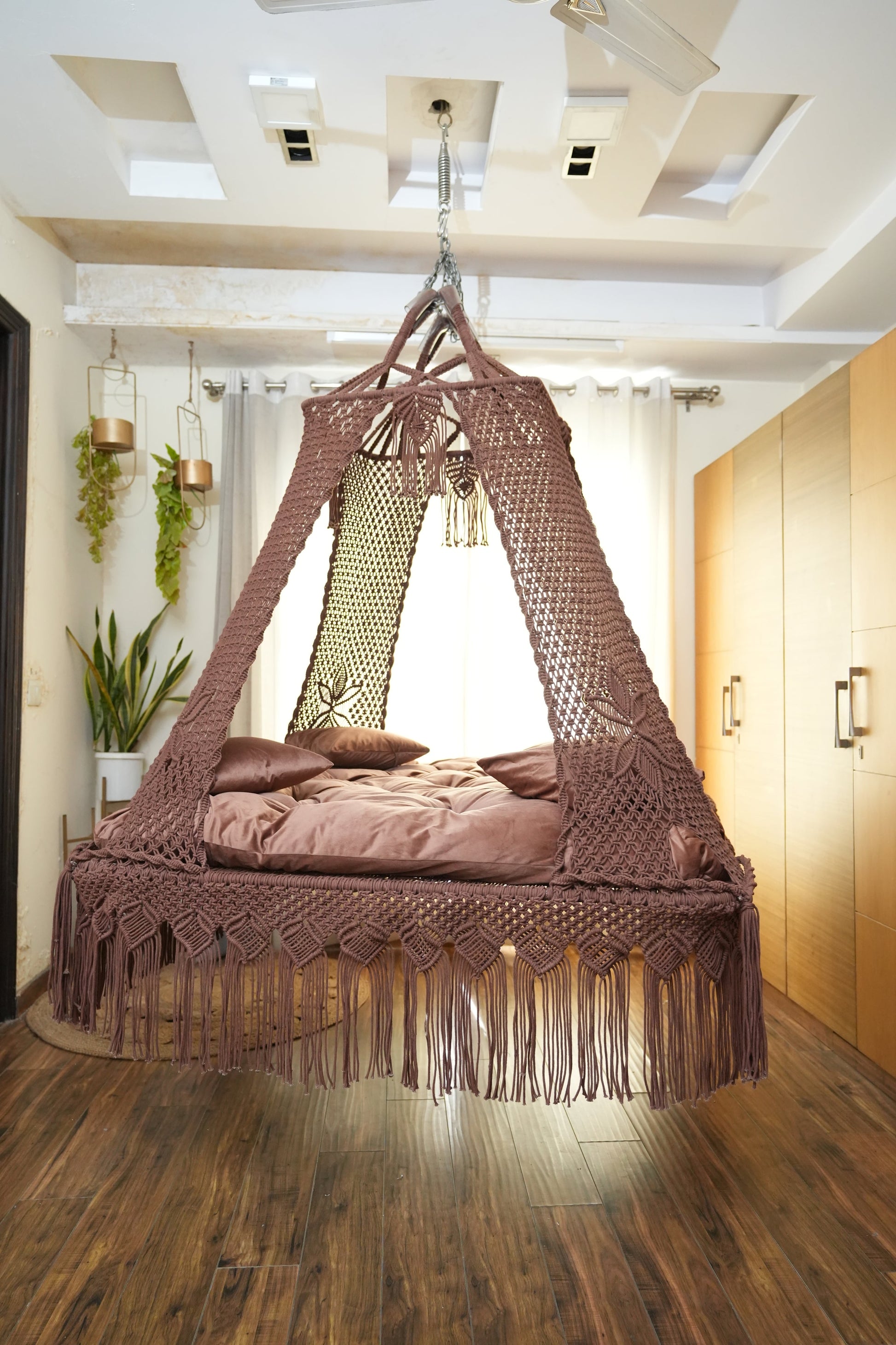 Wood Brown Macrame Bed Swing - Swing Saga