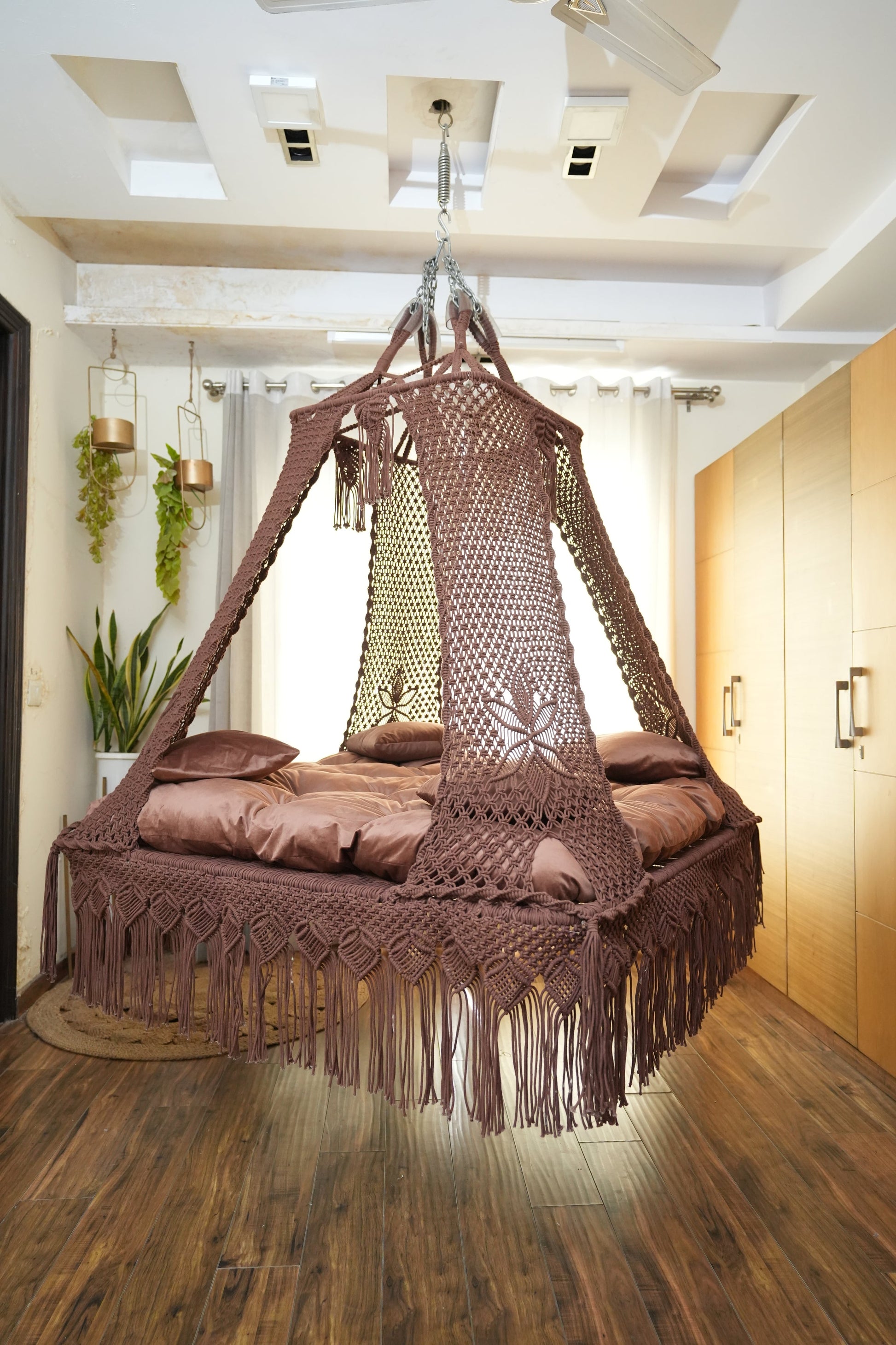 Wood Brown Macrame Bed Swing - Swing Saga