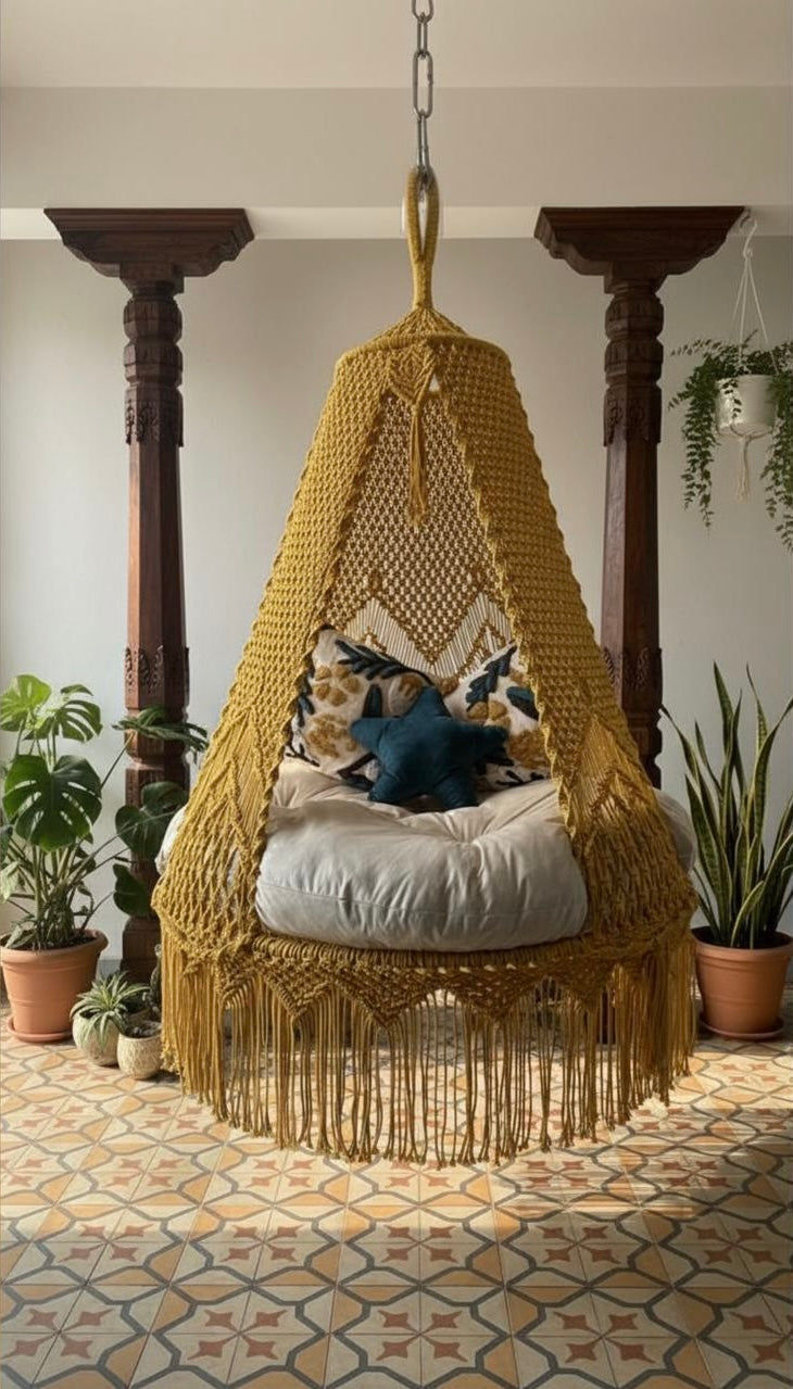 Sunny hanging macrame swing for two adults