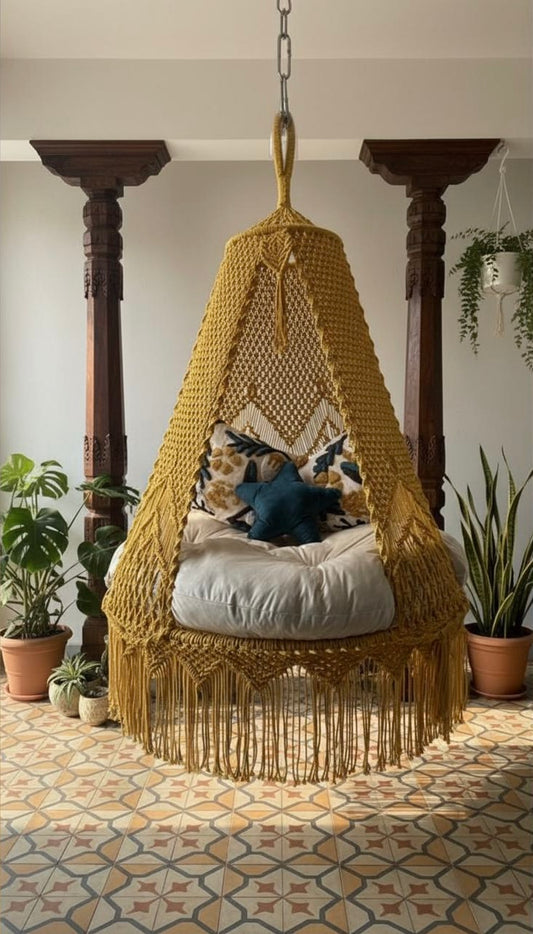 Sunny hanging macrame swing for two adults