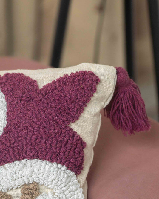 Cream and Maroon Tufted Pillow with Tassel Details - Set of 3