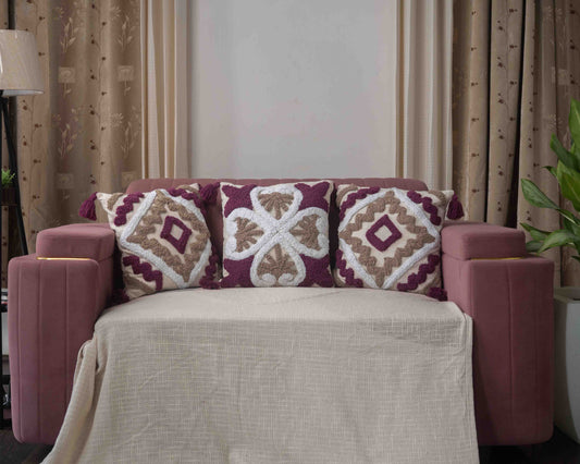 Cream and Maroon Tufted Pillow with Tassel Details - Set of 3