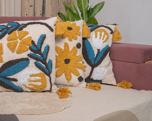Handmade Cotton Cushion Cover with Tufted Floral Yellow & Blue Design - Set of 3