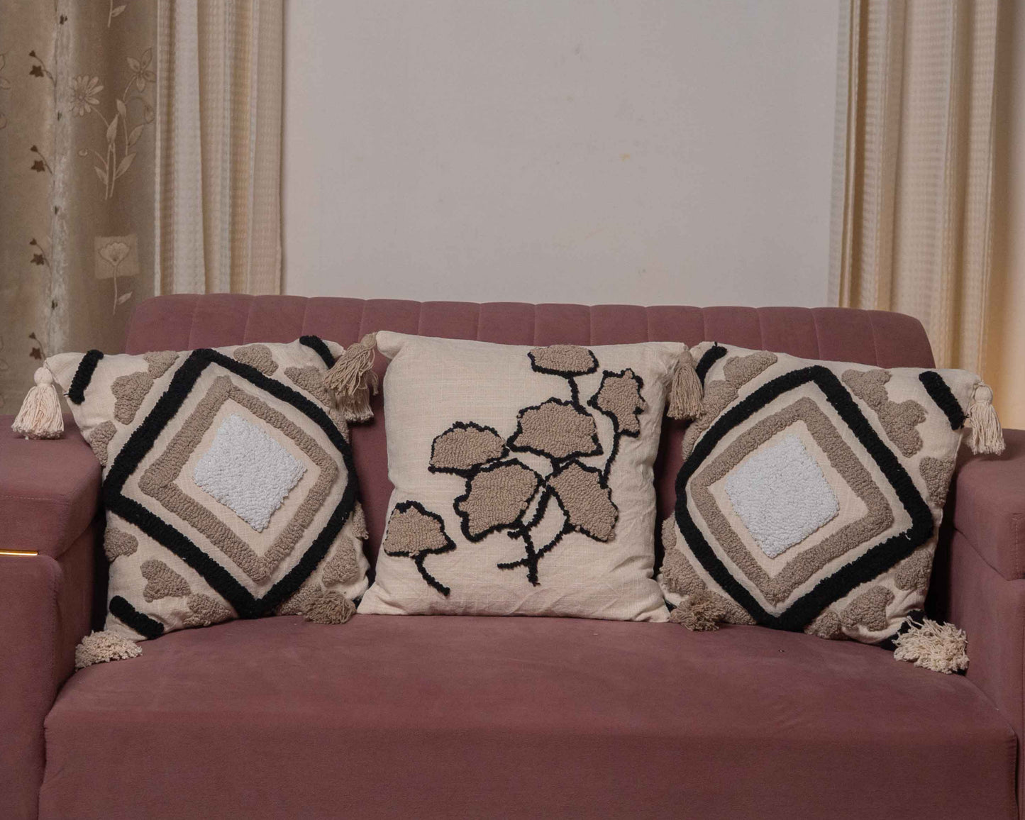 Cotton Cushion Cover with Tassels – Neutral Diamond Geometric Embroidery - Set of 3