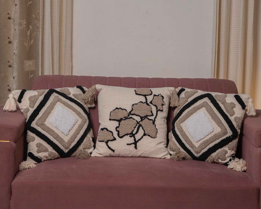 Cotton Cushion Cover with Tassels – Neutral Diamond Geometric Embroidery - Set of 3