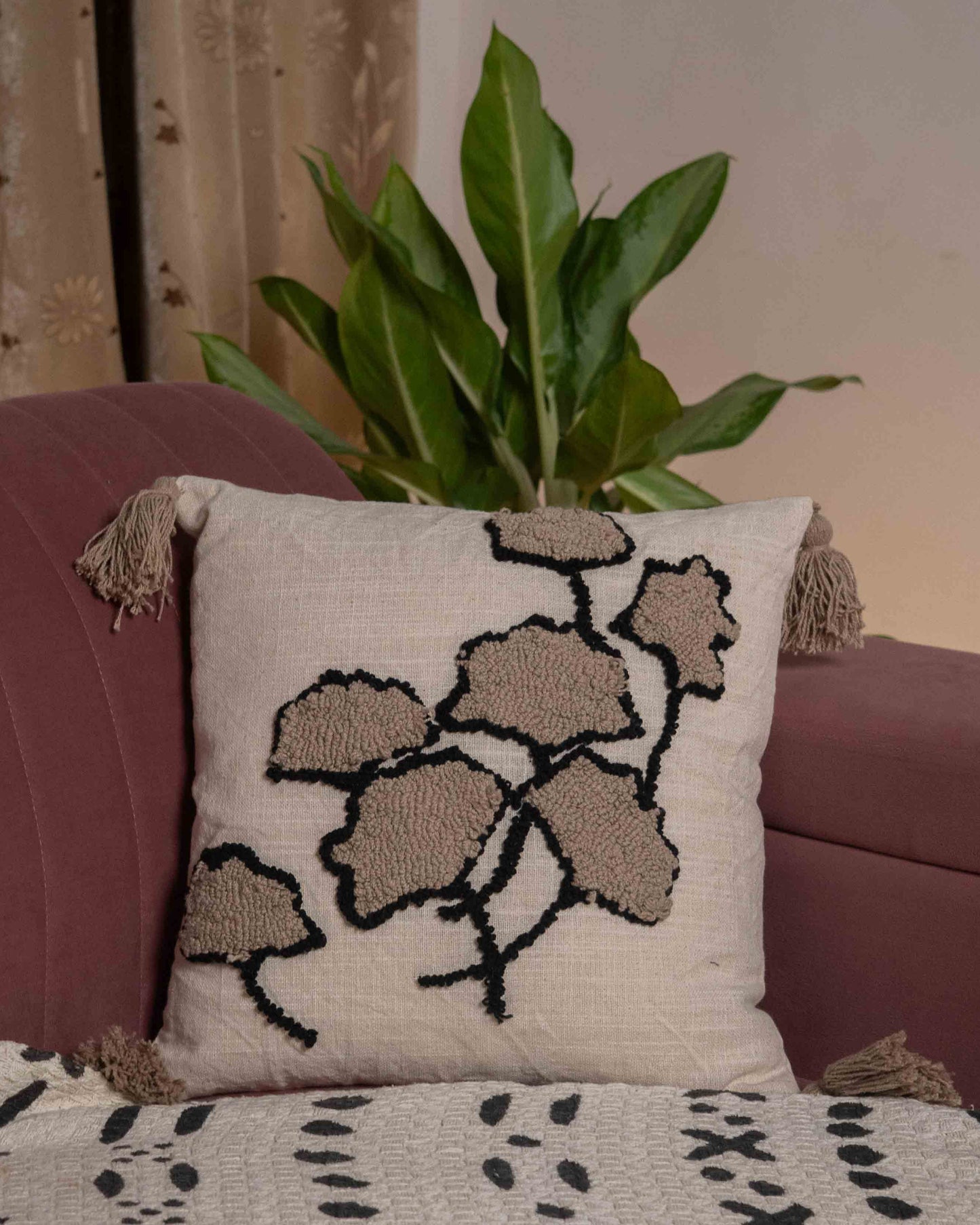Earthy Luxe Cushion – Soft Beige, Charcoal & Taupe Accents - Set of 1