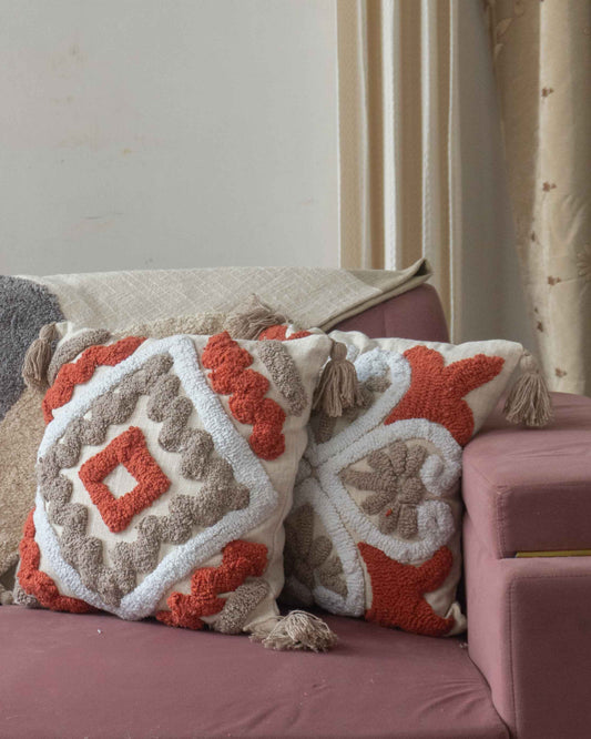 Cream and Terracotta Tufted Pillow with Tassel Details- Set of 2
