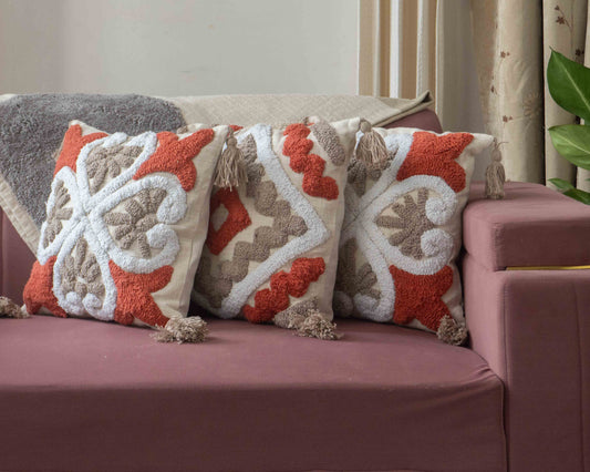 Textured Boho Pillow Cover in Burnt Orange & Neutral Tones - Set of 3