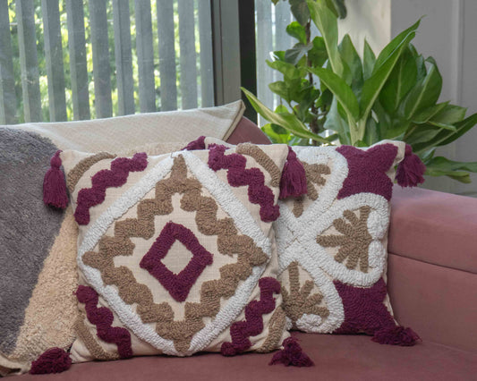 Maroon & Beige Tufted Cushion Cover with Tassels – Set of 2