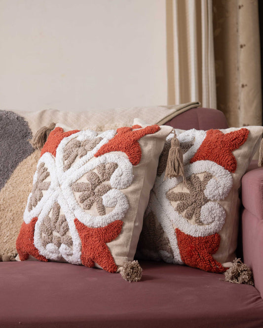 Cream and Terracotta Tufted Pillow with Tassel Details- Set of 2