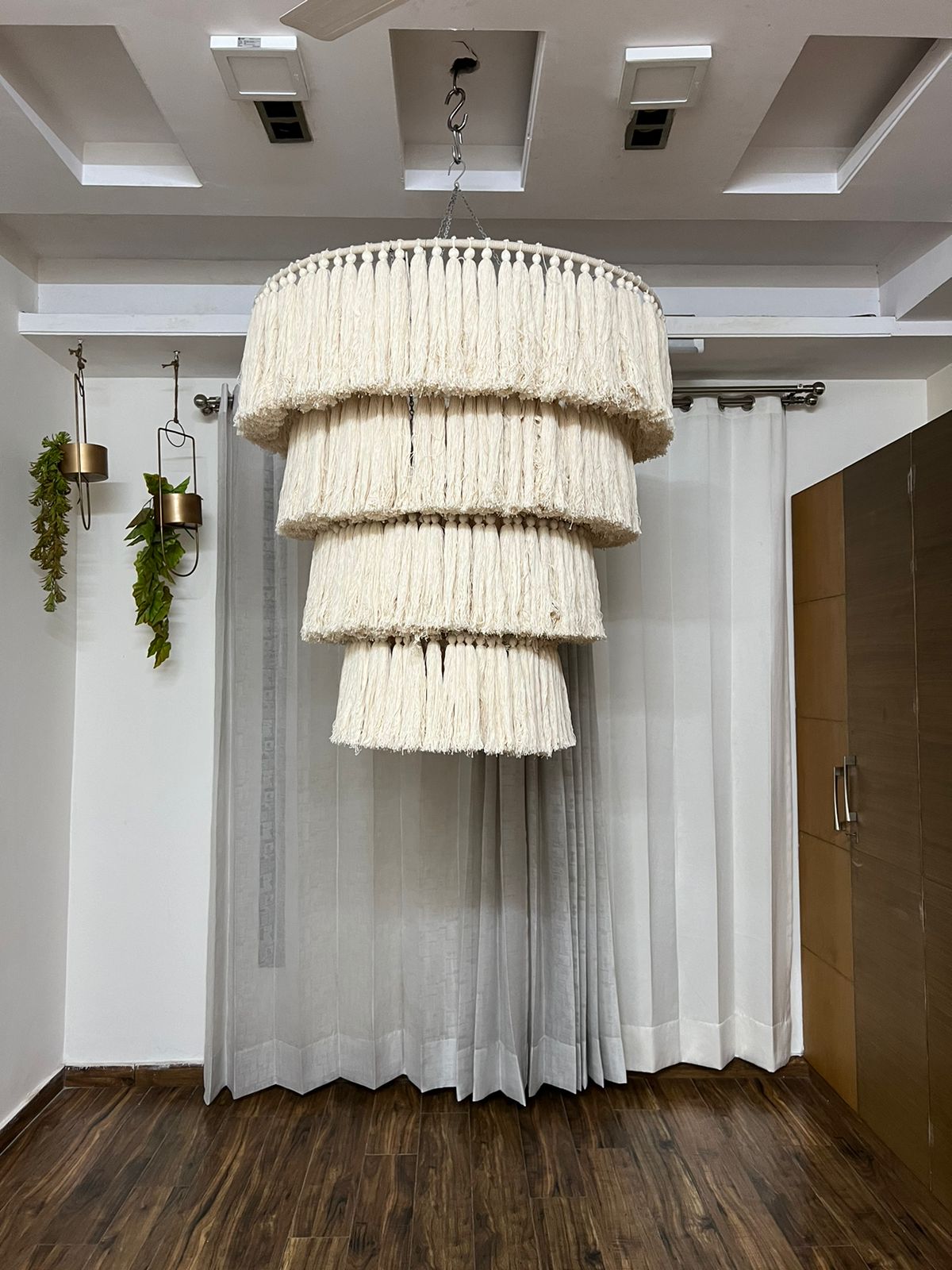 Layered boho macrame chandelier with tassel fringe for modern home decor