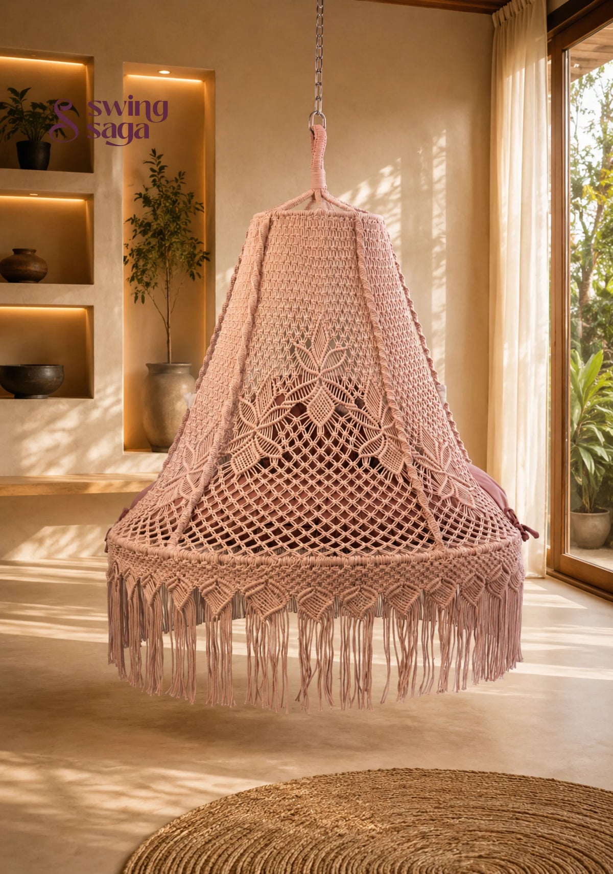 Amara, Handcrafted Cotton Macramé Bed Swing - Pink / 60 Inches