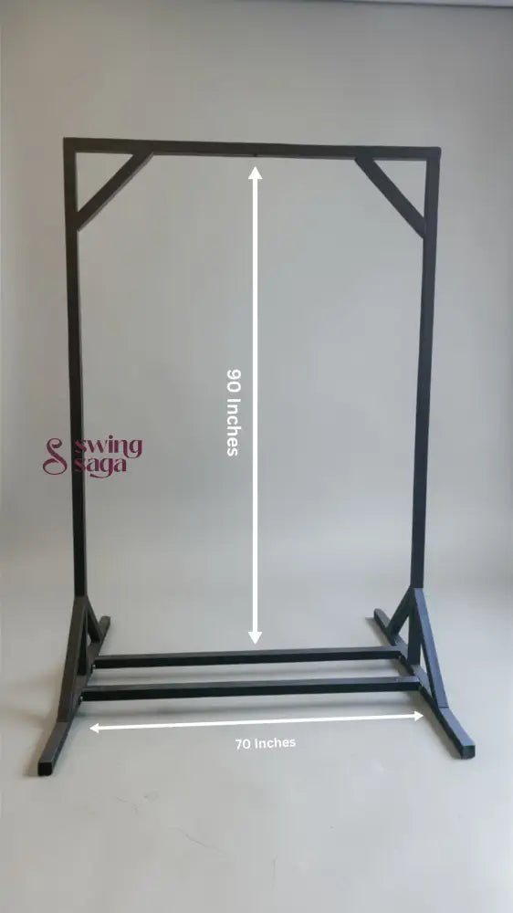 Black metal stand with measurements on a gray background