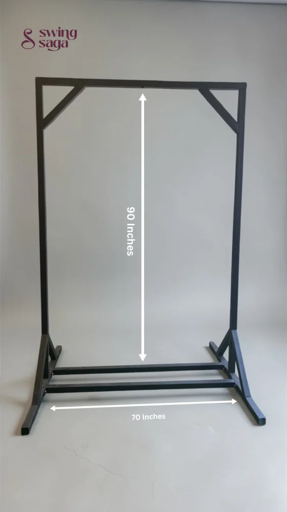Black metal stand with measurements on a gray background