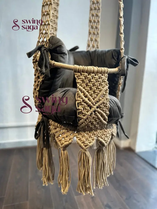 image of beige color handcrafted macrame swing front view the swing has one backrest support and one mattress.