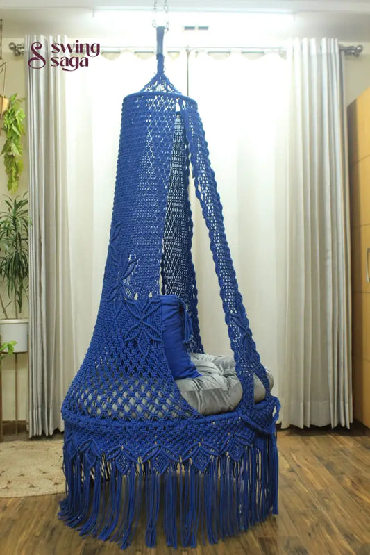 handcrafted single seater chair swing in blue color.