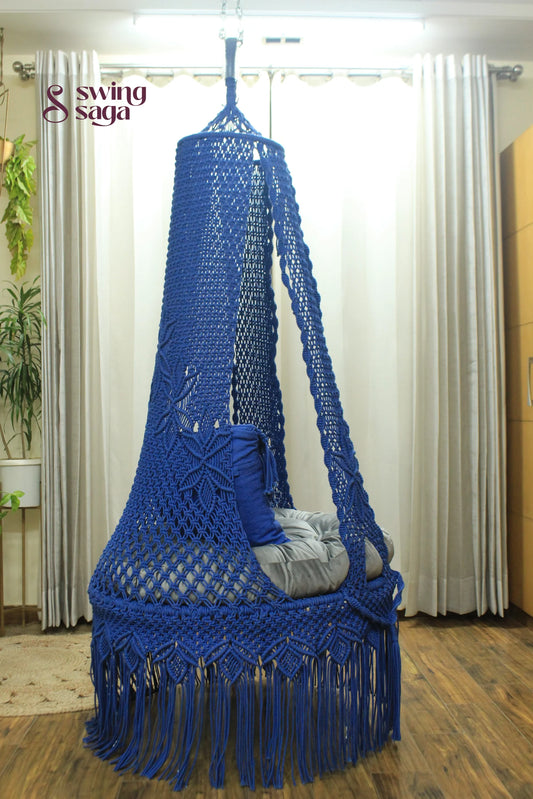 handcrafted single seater chair swing in blue color.