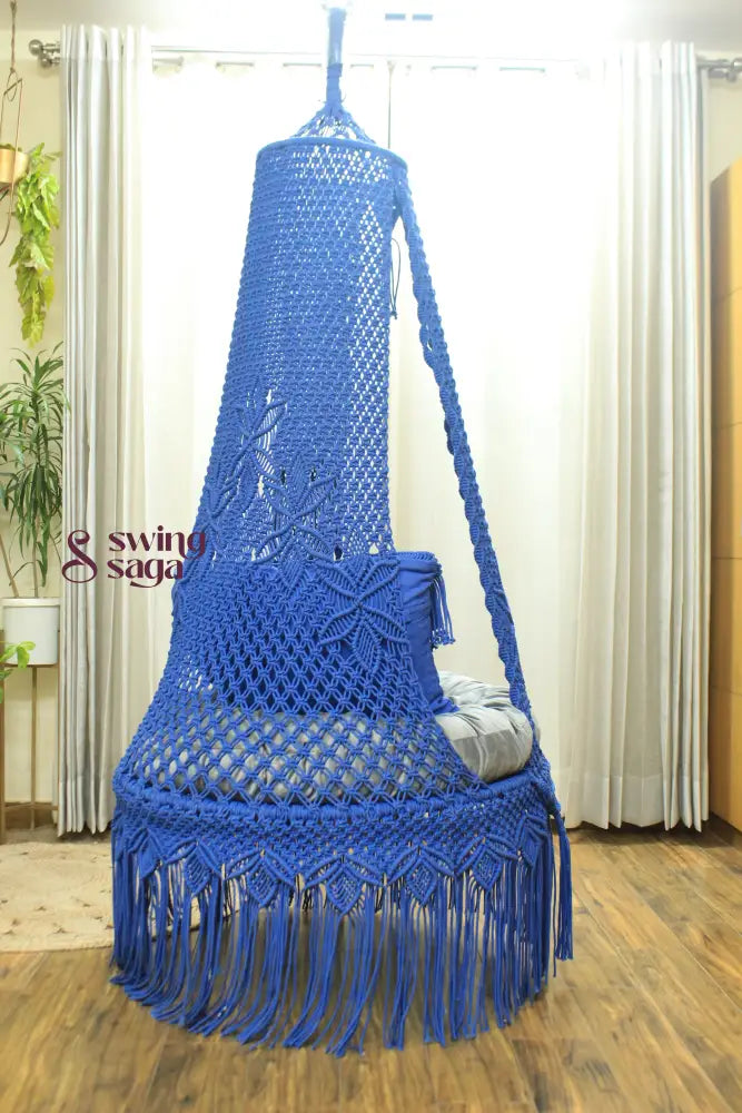 handcrafted single seater chair swing in blue color.