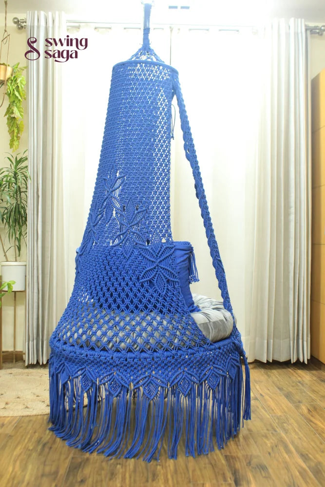 handcrafted single seater chair swing in blue color.