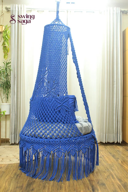 handcrafted single seater chair swing in blue color.