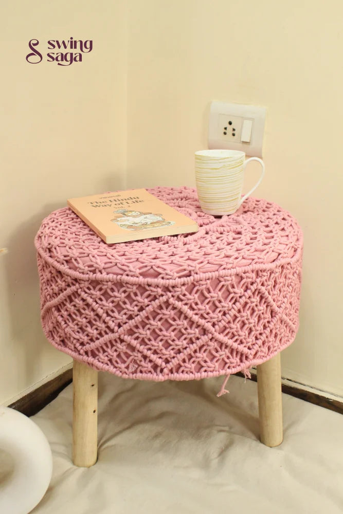  pink macrame ottoman with wooden legs