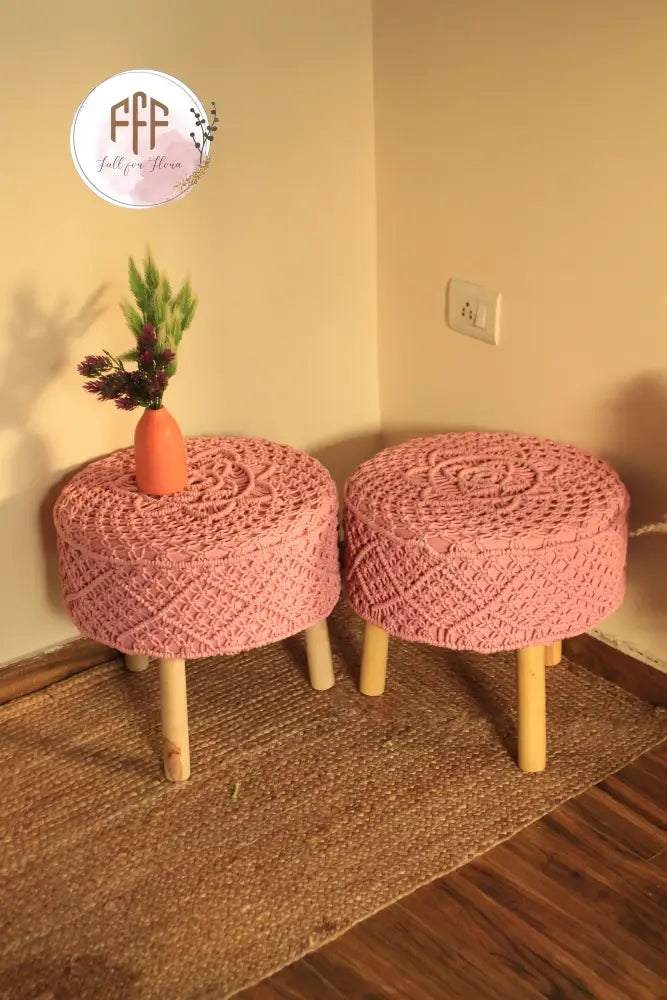 Blush Bloom Macrame Ottoman - Set Of 2