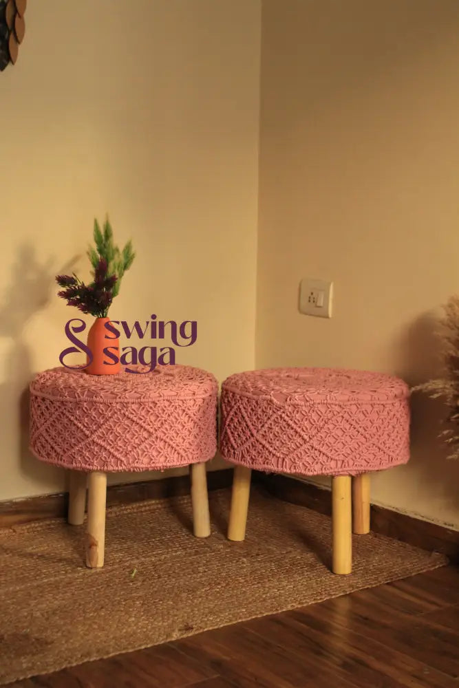 Blush Bloom Macrame Ottoman - Set Of 2