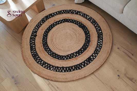 Brown Handwoven Jute Rug with Black Tribal Print