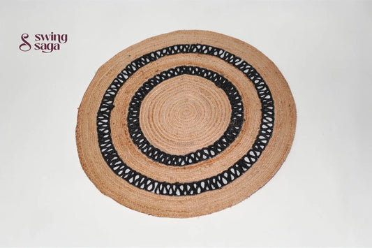 Round woven mat with black border on a white background