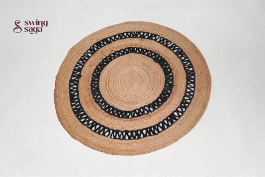 Round woven mat with black border on a white background