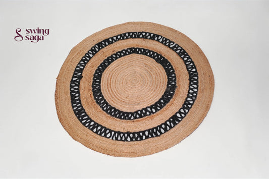 Round woven mat with black border on a white background