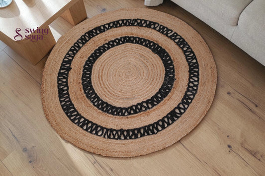 Brown Handwoven Jute Rug with Black Tribal Print