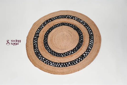 Round woven mat with black border on a white background