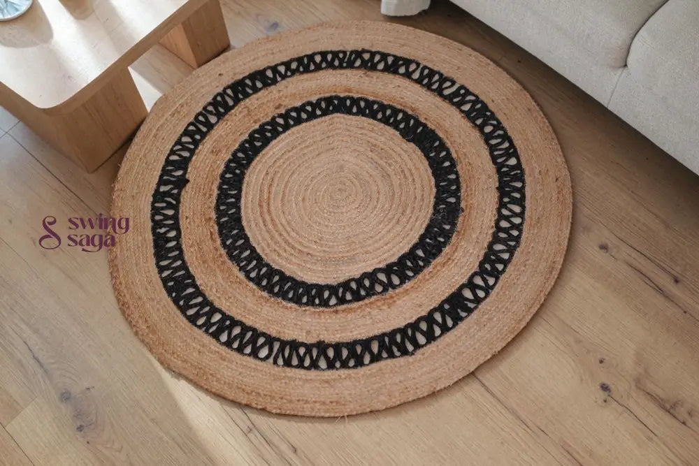 Brown Handwoven Jute Rug with Black Tribal Print