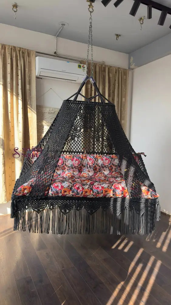 Charcoal Polyester Sofa Swing With Backrest 70 Inches / Dark Grey / Floral Print