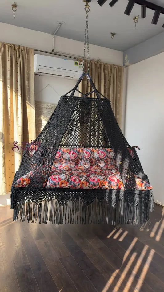 Charcoal Polyester Sofa Swing With Backrest 70 Inches / Dark Grey / Floral Print