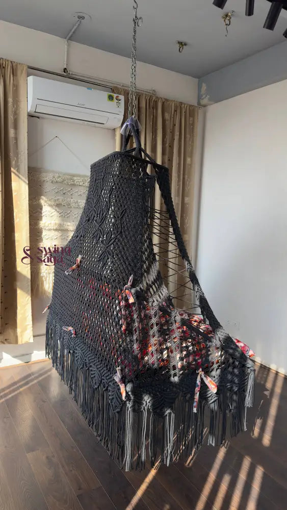 Charcoal Polyester Sofa Swing With Backrest 70 Inches / Dark Grey / Floral Print