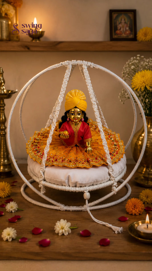 A decorative white circular hanging cradle or swing cradle holding a small gold-toned deity statue dressed in red and yellow, placed on a wooden surface with flowers, candles, and brass lamps around it.