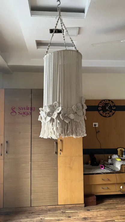 Cream macrame chandelier with flowers and circular ring hanger