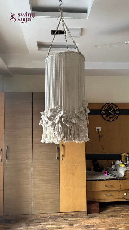 Cream macrame chandelier with flowers and circular ring hanger