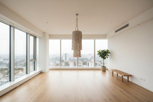 Macrame hanging chandelier light with layered tassels , bohemian ceiling decor for modern home interiors