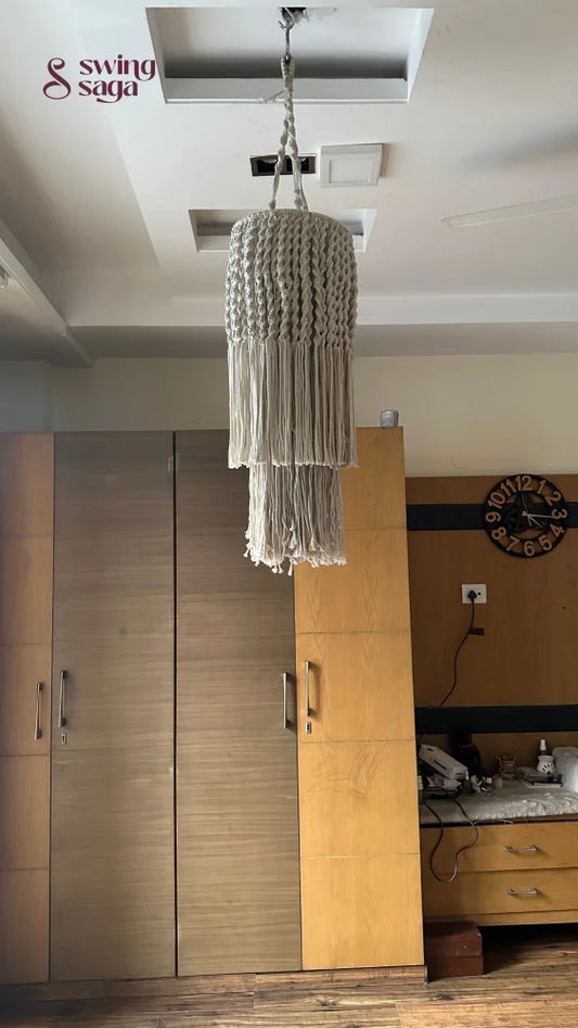 Macrame hanging chandelier light with layered tassels , bohemian ceiling decor for modern home interiors