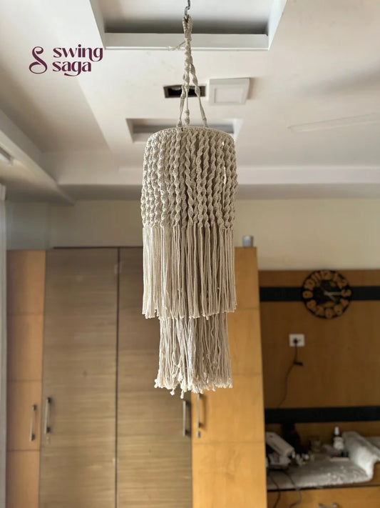 Macrame hanging chandelier light with layered tassels , bohemian ceiling decor for modern home interiors