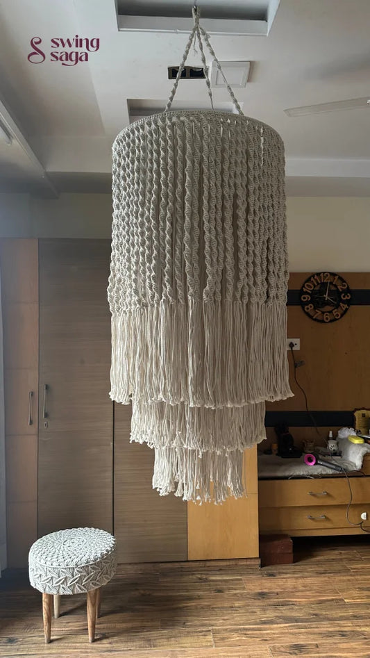 Boho macrame chandelier with layered tassels for modern home decor