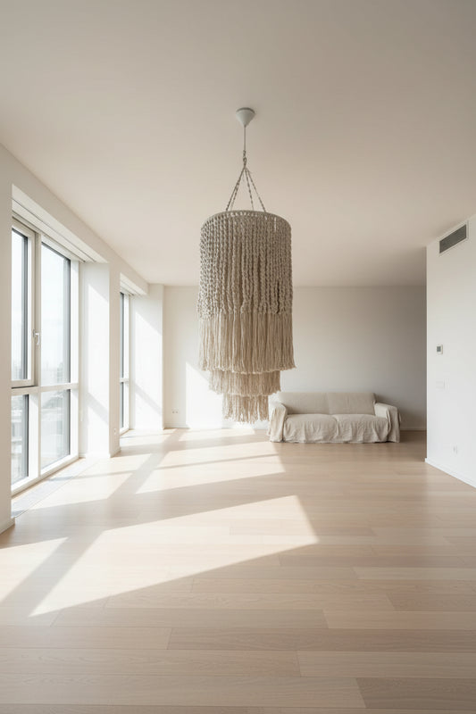 Handcrafted macrame chandelier with tiered fringe detailing displayed in a contemporary indoor setting.