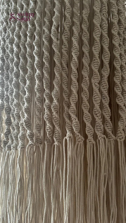 Detailed textureshot of macrame chandelier featuring fine knot patterns and weaving