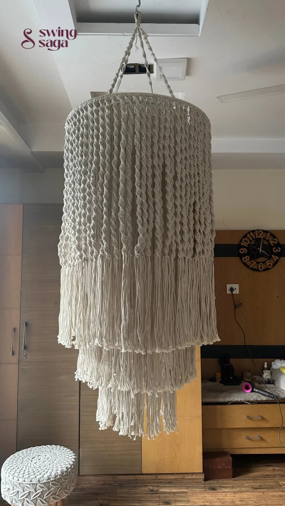 Boho style Macrame ceiling hanging chandelier with cascading tassels for elegant home decor